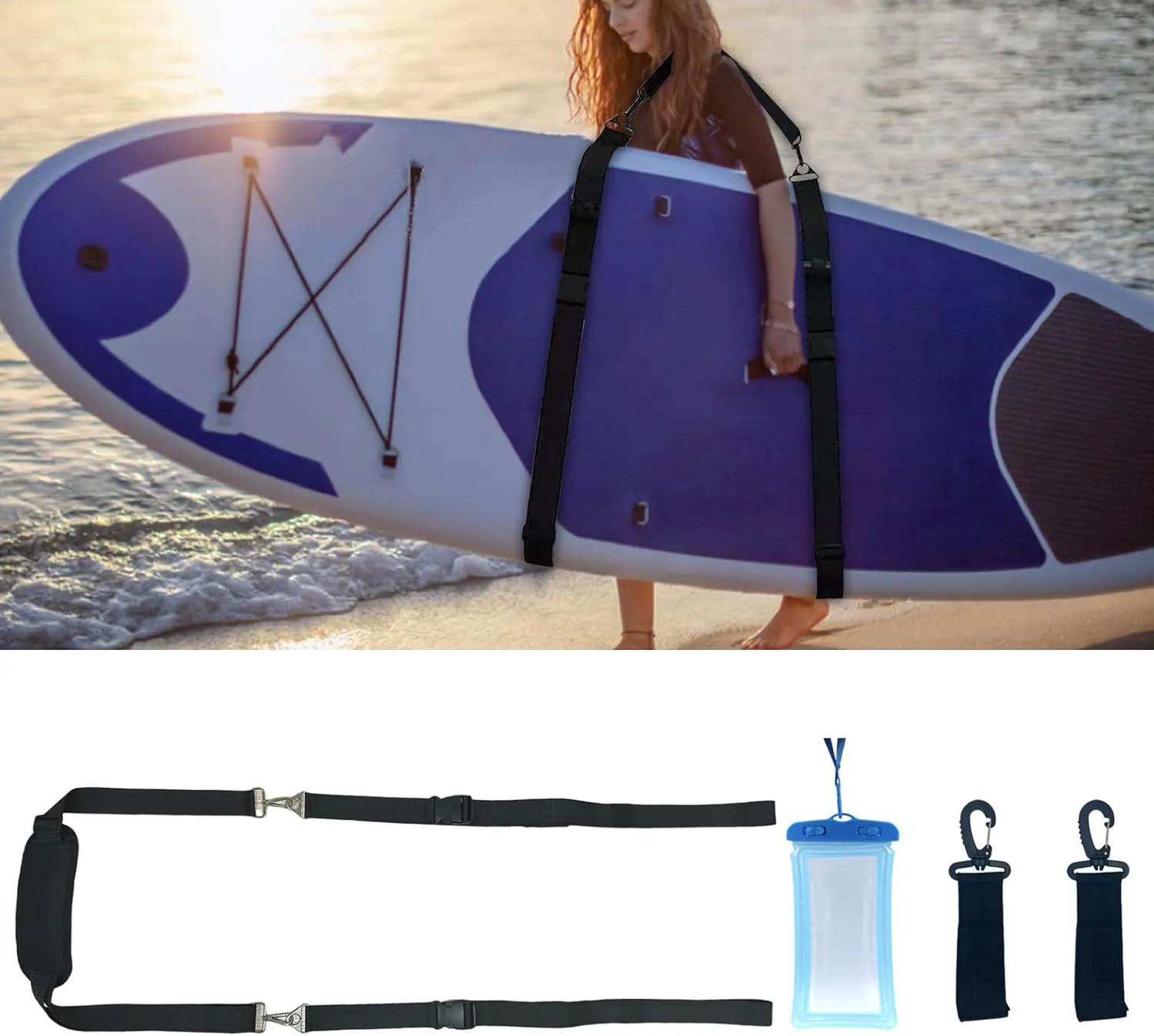 Kayak Surfboard Shoulder Strap, Paddle Board Carry Strap with Paddle Holder and Waterproof Phone Pouch, Adjustable Hands-Free SUP Canoe Strap Boards