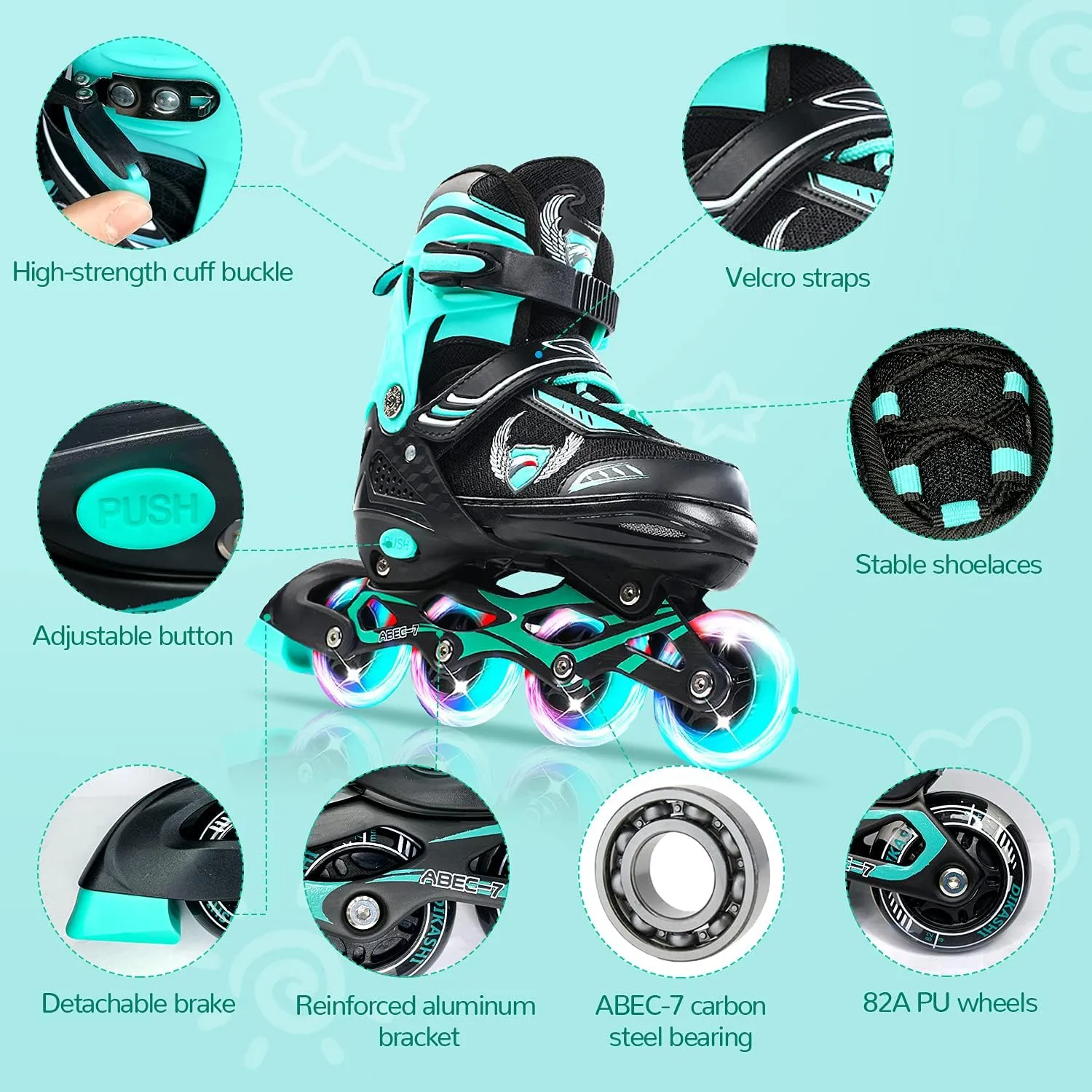 KDJ Inline Skates for Kids,Adjustable Roller Skates with 4 Illuminating Pu Wheels,Outdoors Indoors Roller Skates for Boys Girls Beginners