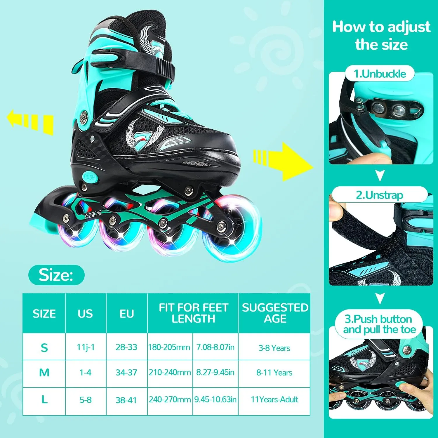 KDJ Inline Skates for Kids,Adjustable Roller Skates with 4 Illuminating Pu Wheels,Outdoors Indoors Roller Skates for Boys Girls Beginners
