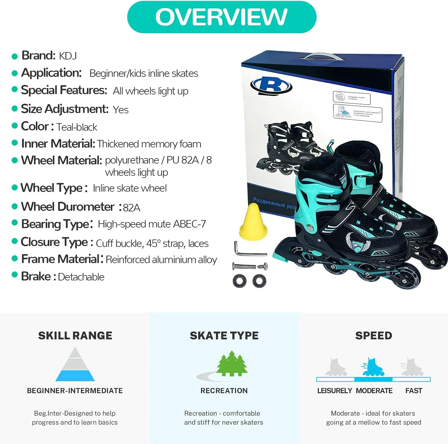 KDJ Inline Skates for Kids,Adjustable Roller Skates with 4 Illuminating Pu Wheels,Outdoors Indoors Roller Skates for Boys Girls Beginners