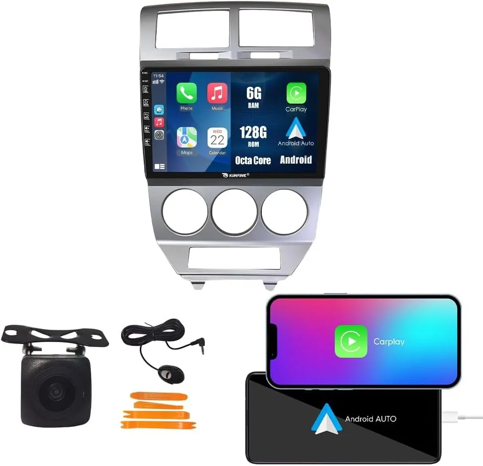 Kunfine Car CarPlay Android Auto Navigation Stereo GPS Radio Reverse Camera Display 10" IPS Touchscreen Headunit Tablet Pad Media Player for Dodge Caliber 2007-2010, if Applicable Octa Core 6G 128G