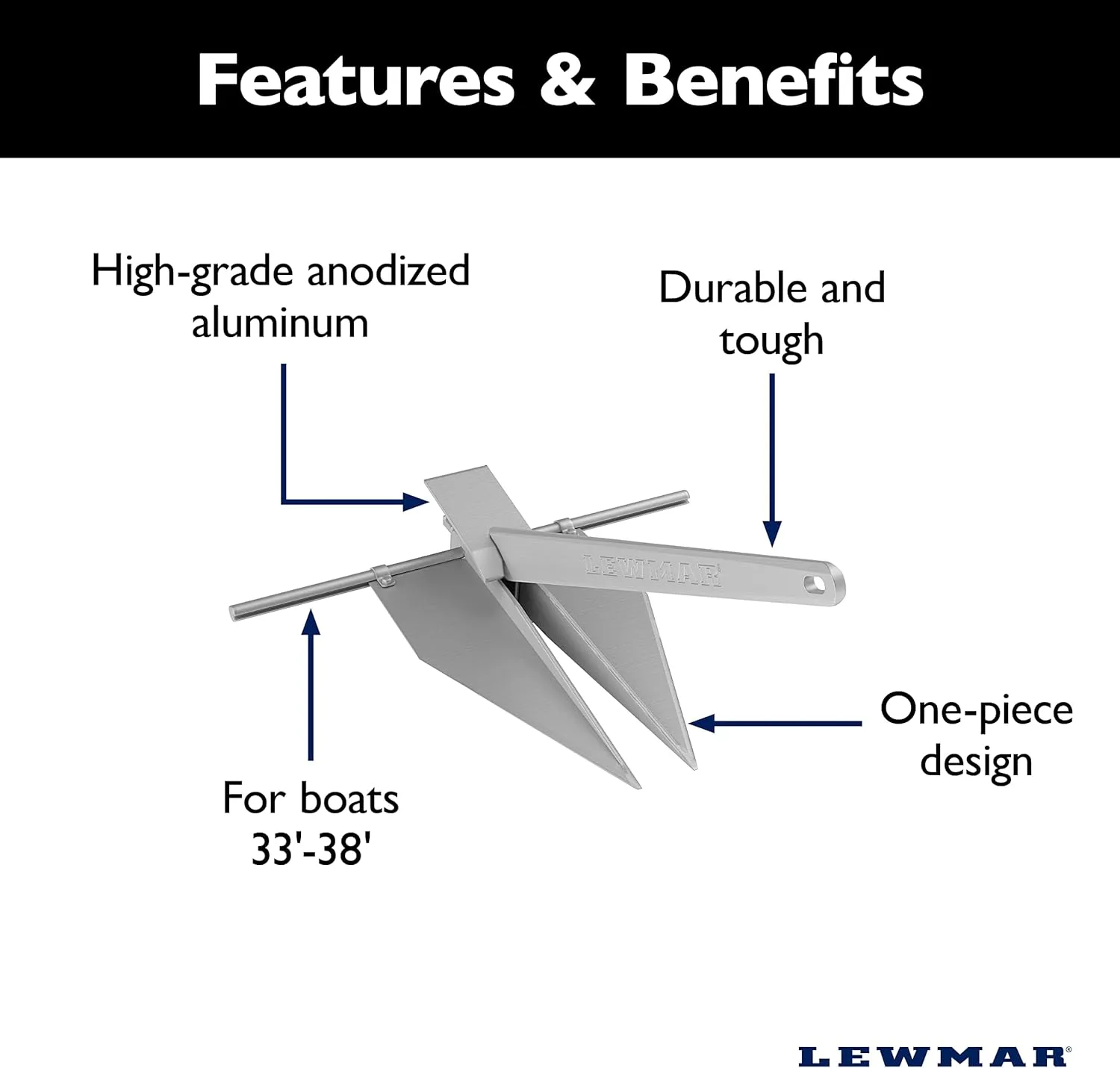 Lewmar 4 lb. LFX Fluke Anchor for Boats Anchoring in Mud or Sand, Aluminum
