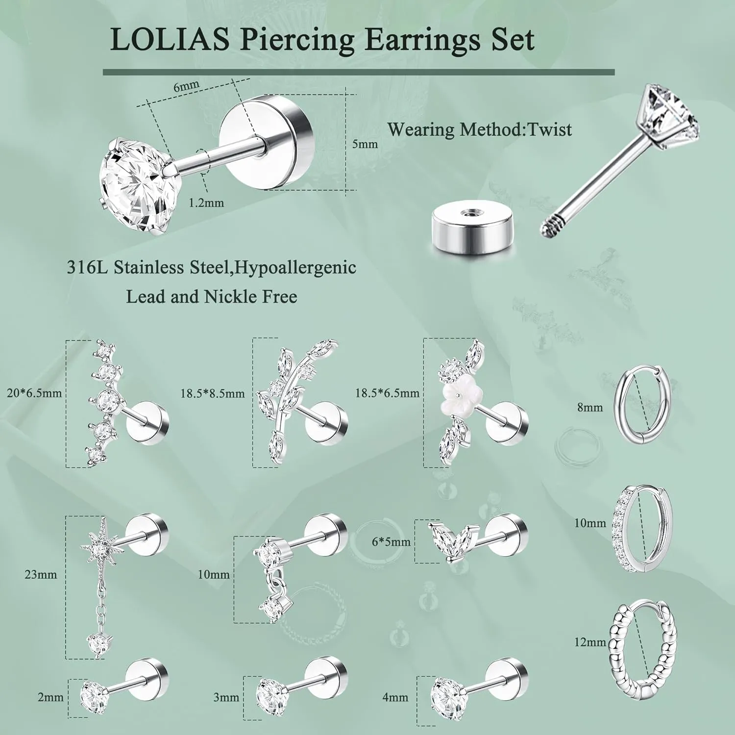 LOLIAS 16 Gauge Cartilage Earrings for Women Flat Back-Hypoallergenic Surgical Stainless Steel Stud Hoop Cartilage Earring Set Daith Conch Tragus Helix Piercing Jewelry Single PC