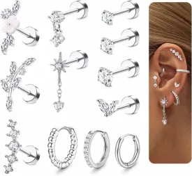 LOLIAS 16 Gauge Cartilage Earrings for Women Flat Back-Hypoallergenic Surgical Stainless Steel Stud Hoop Cartilage Earring Set Daith Conch Tragus Helix Piercing Jewelry Single PC
