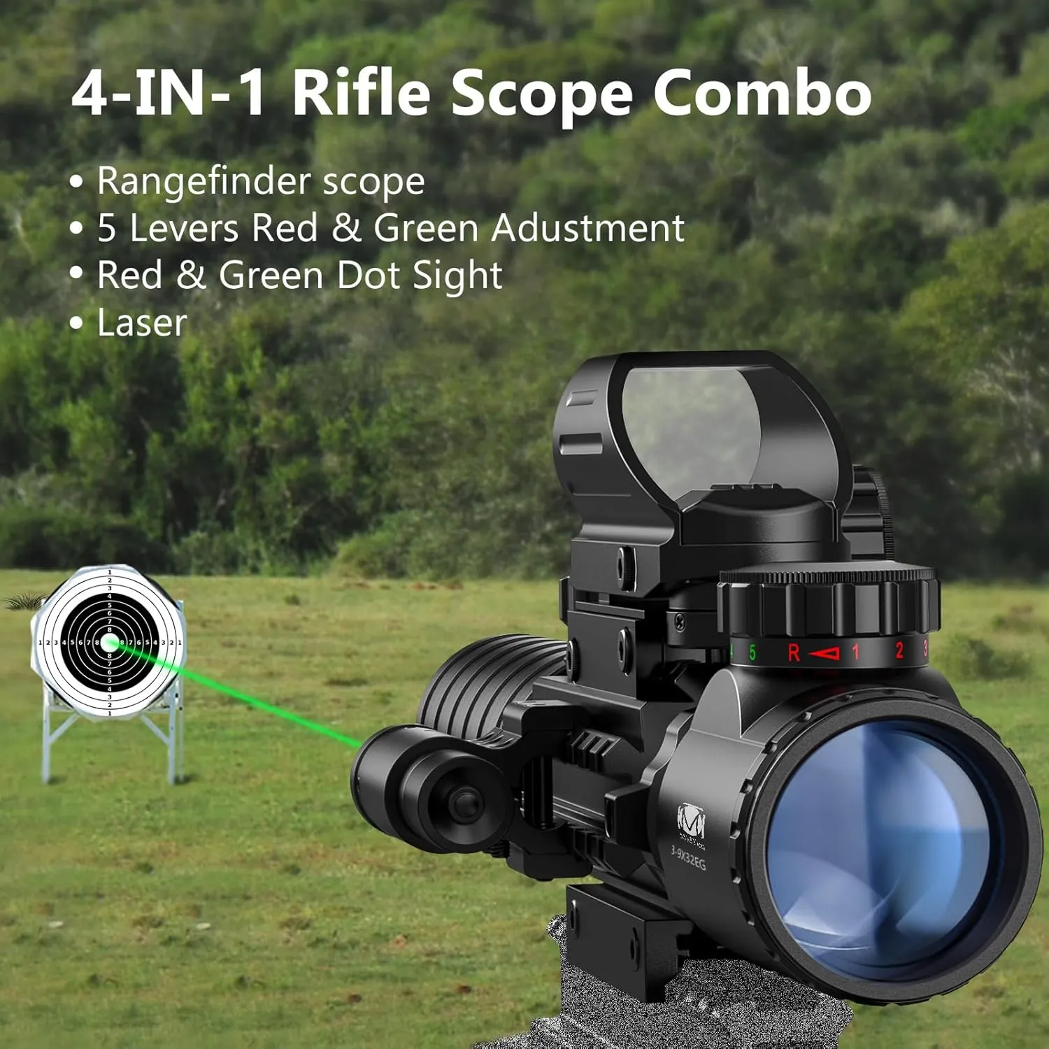 MidTen 3-9x32 Scope Combo with Dual Illuminated Scope Optics & 4 Holographic Reticle Red/Green Dot Sight & IIIA/2MW Laser Sight Rangefinder Illuminated Reflex Sight & 20mm Mount