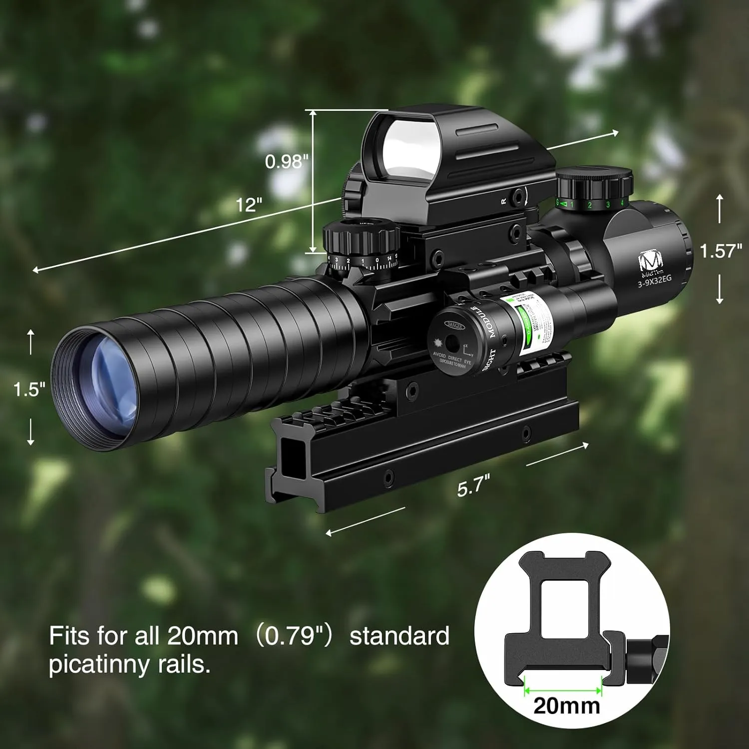 MidTen 3-9x32 Scope Combo with Dual Illuminated Scope Optics & 4 Holographic Reticle Red/Green Dot Sight & IIIA/2MW Laser Sight Rangefinder Illuminated Reflex Sight & 20mm Mount