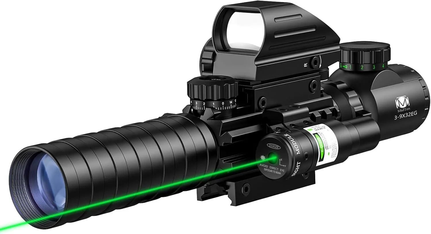 MidTen 3-9x32 Scope Combo with Dual Illuminated Scope Optics & 4 Holographic Reticle Red/Green Dot Sight & IIIA/2MW Laser Sight Rangefinder Illuminated Reflex Sight & 20mm Mount