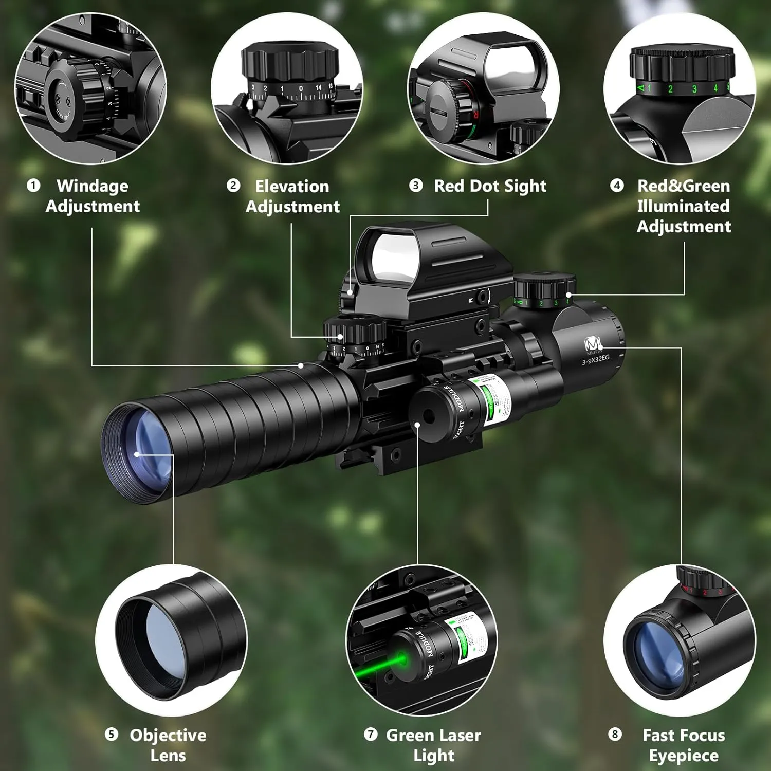 MidTen 3-9x32 Scope Combo with Dual Illuminated Scope Optics & 4 Holographic Reticle Red/Green Dot Sight & IIIA/2MW Laser Sight Rangefinder Illuminated Reflex Sight & 20mm Mount