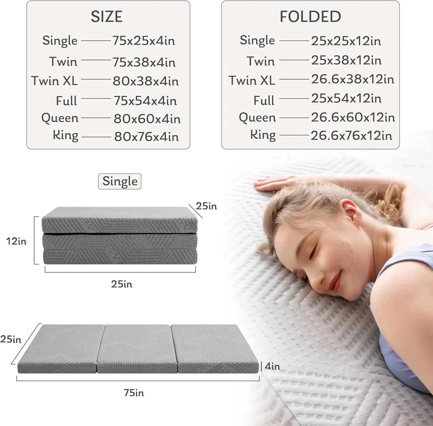 MLILY Tri-Fold Memory Foam Mattress, 4 inch Single Folding Mattress with Collapsible and Washable Cover, Travel and Guest Mat, 75"25"4", Grey