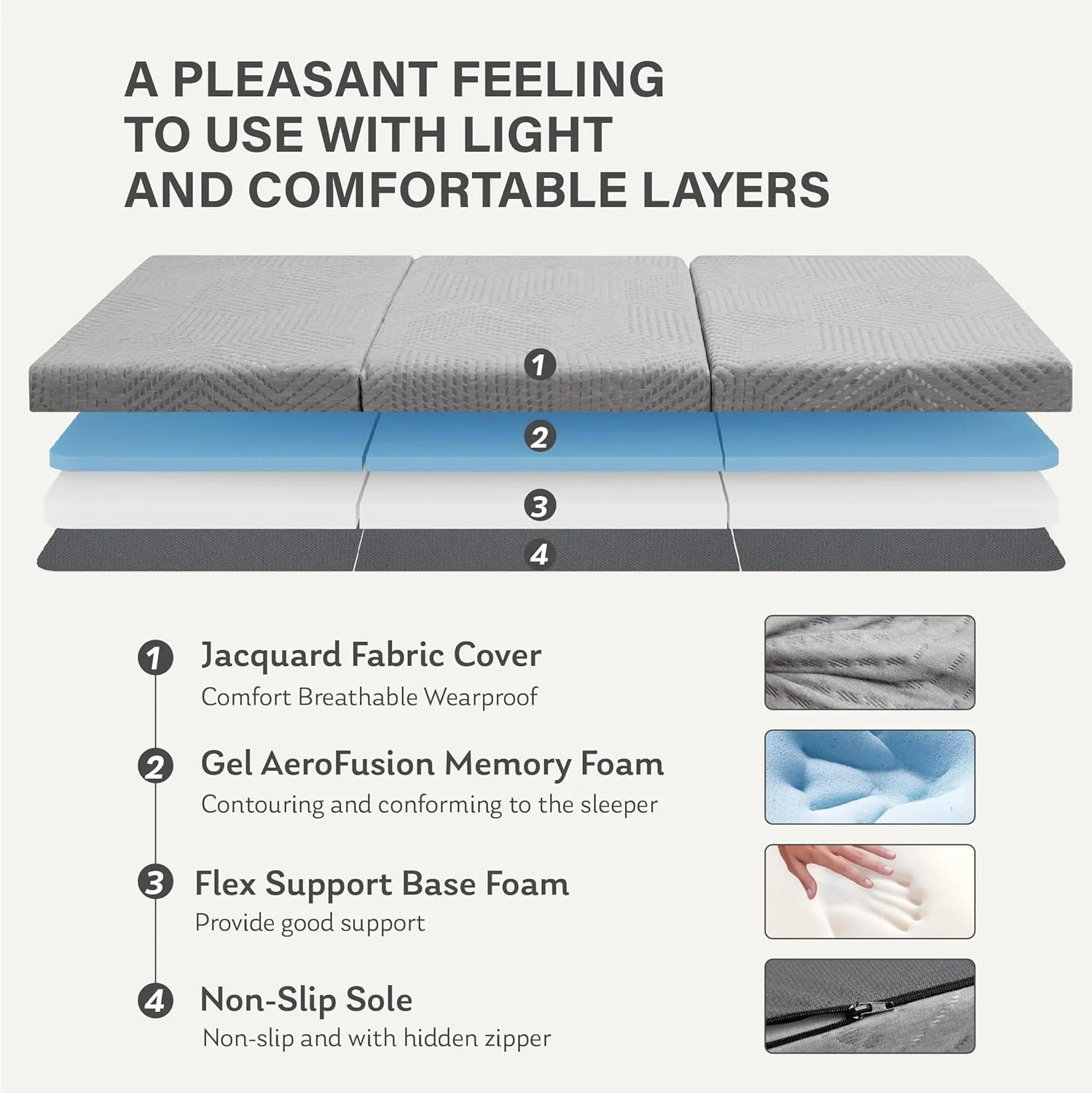 MLILY Tri-Fold Memory Foam Mattress, 4 inch Single Folding Mattress with Collapsible and Washable Cover, Travel and Guest Mat, 75"25"4", Grey
