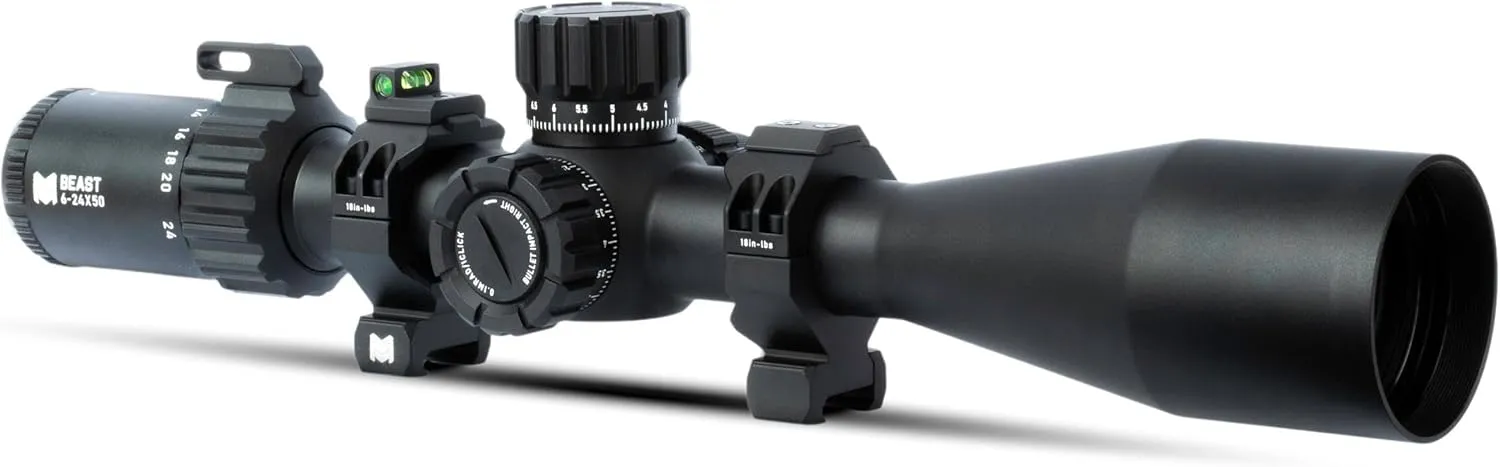 Monstrum Beast 6-24x50 FFP Rifle Scope | Featuring ED Glass, Adjustable Objective, Precision Turrets with Zero Stop, Daylight Bright Reticle, and Anti-Cant Scope Rings