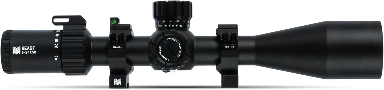 Monstrum Beast 6-24x50 FFP Rifle Scope | Featuring ED Glass, Adjustable Objective, Precision Turrets with Zero Stop, Daylight Bright Reticle, and Anti-Cant Scope Rings