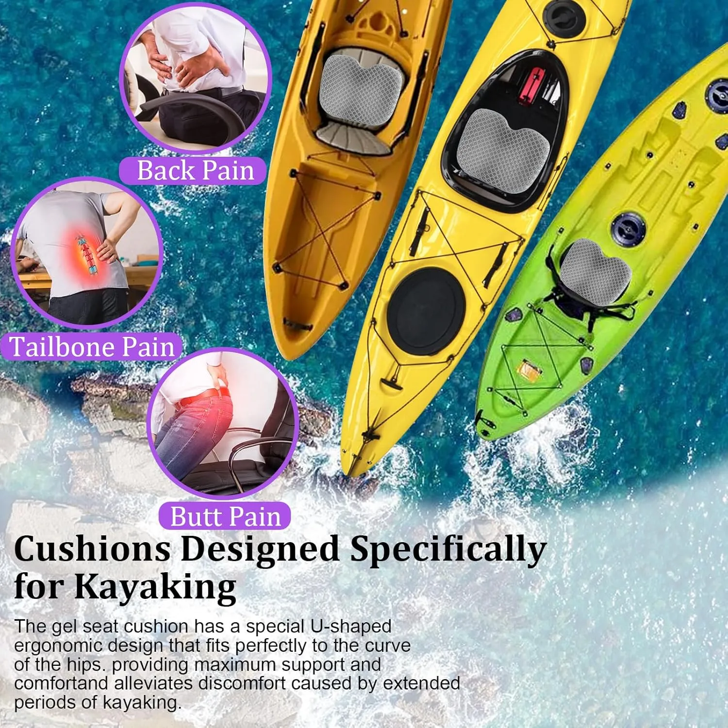 NEW-Vi Anti-Slip Kayak Seat Cushion - Waterproof Thicken Gel Boat Kayak Canoe Rowing Stadium Pad for Sit in Kayak Chair Kayak Accessories Equipment Gear for Fishing Kayak