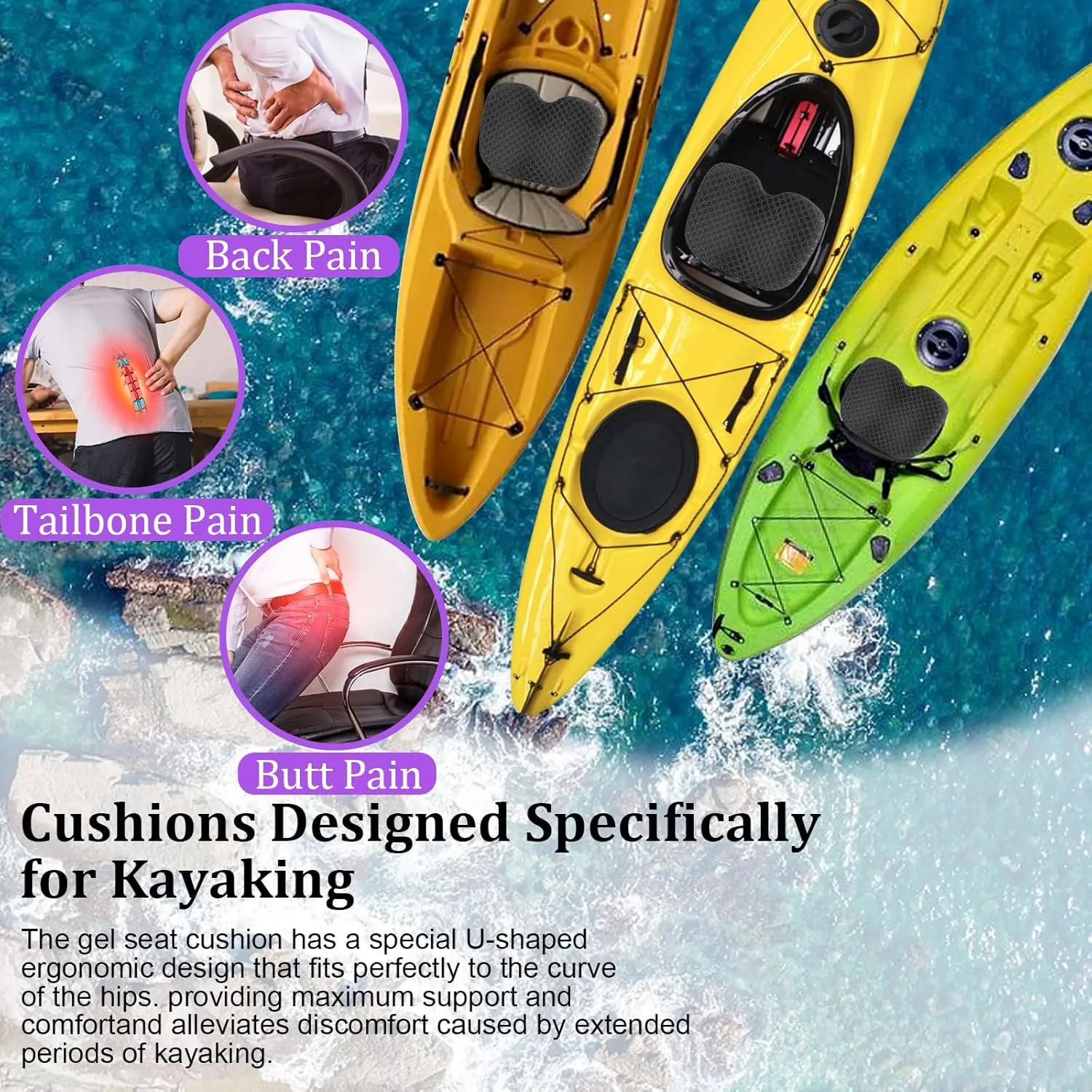 NEW-Vi Anti-Slip Kayak Seat Cushion - Waterproof Thicken Gel Boat Kayak Canoe Rowing Stadium Pad for Sit in Kayak Chair Kayak Accessories Equipment Gear for Fishing Kayak