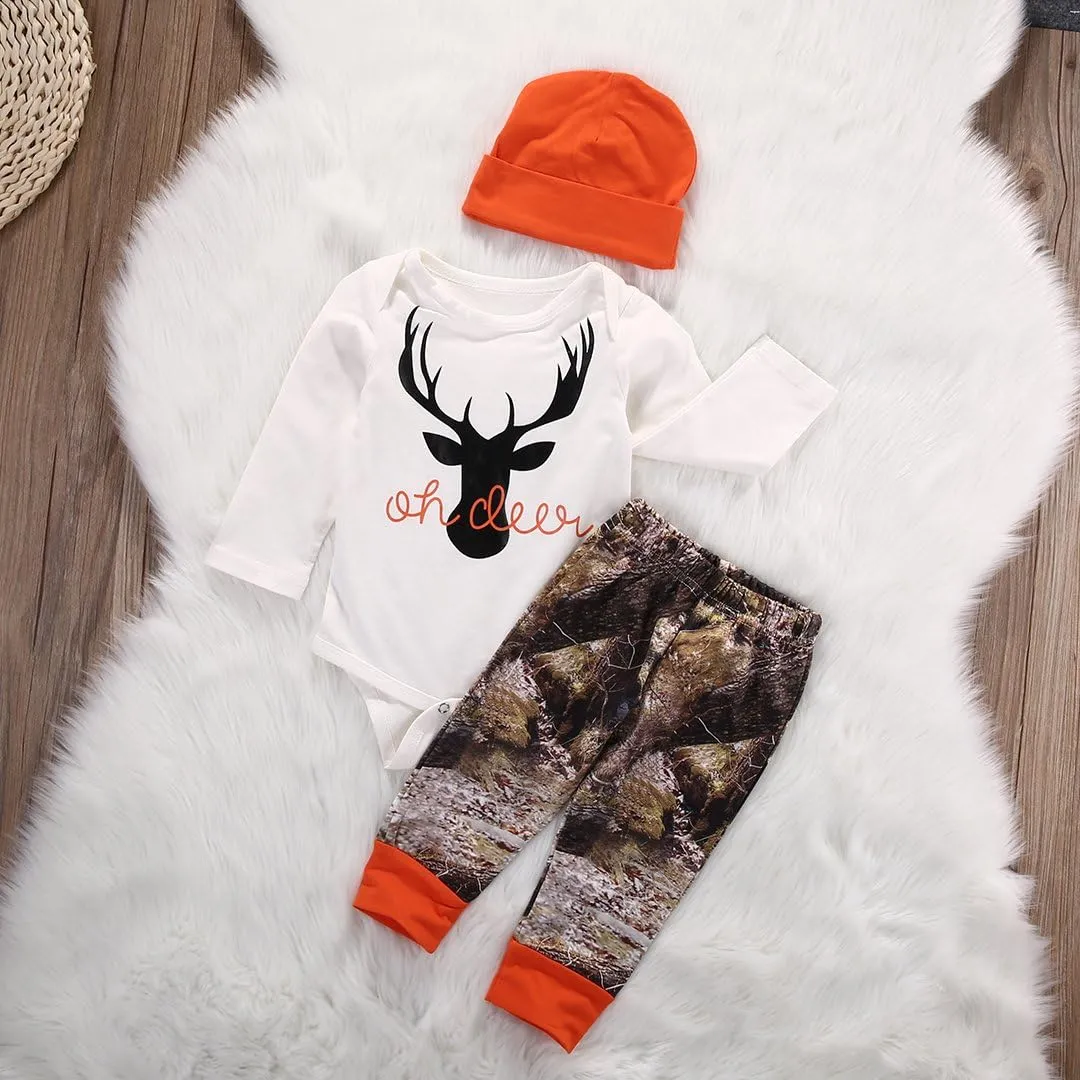 Newborn Baby Boy Clothes Long Sleeve Romper Onesie Camo Pants with Hat Infant Outfit