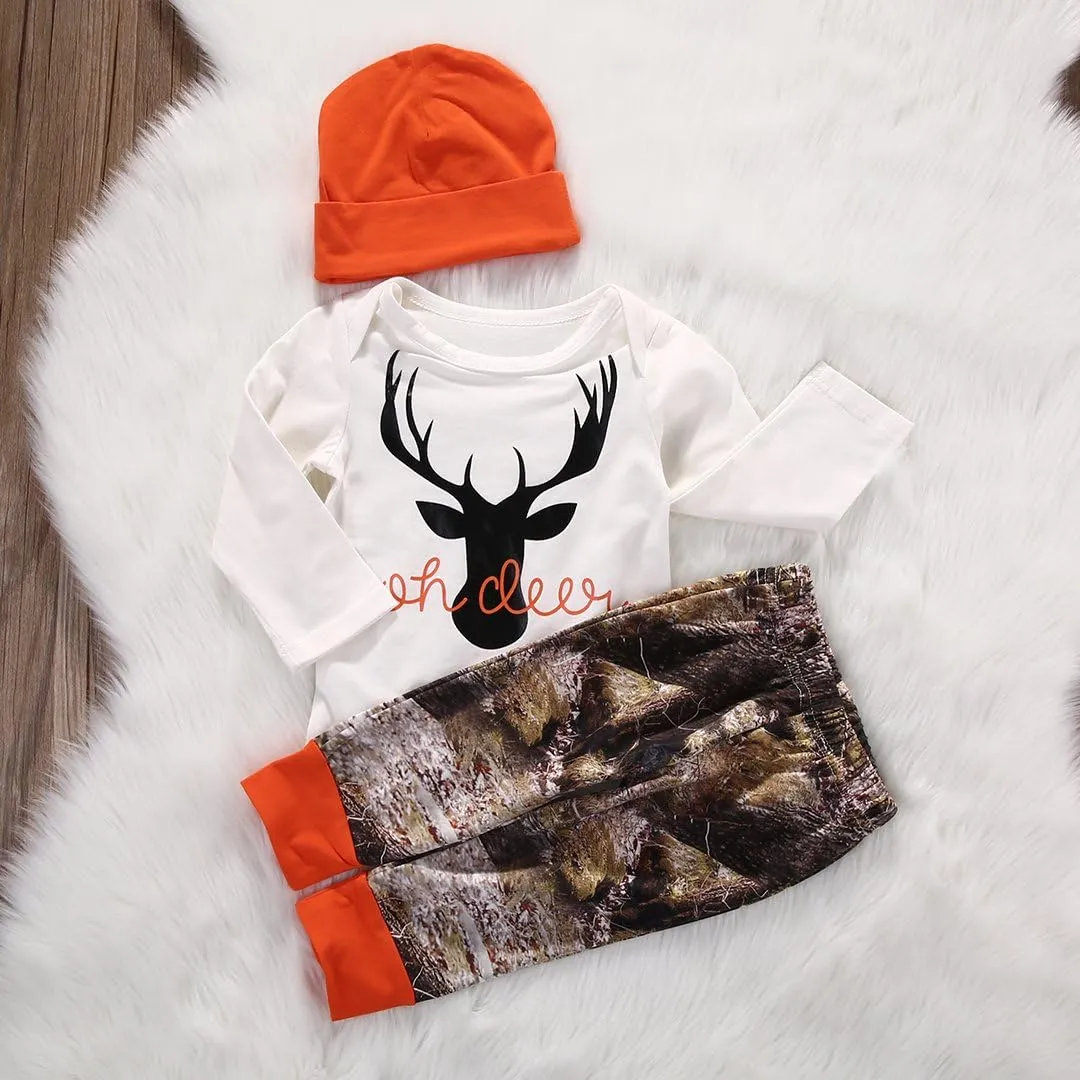Newborn Baby Boy Clothes Long Sleeve Romper Onesie Camo Pants with Hat Infant Outfit