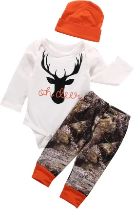 Newborn Baby Boy Clothes Long Sleeve Romper Onesie Camo Pants with Hat Infant Outfit