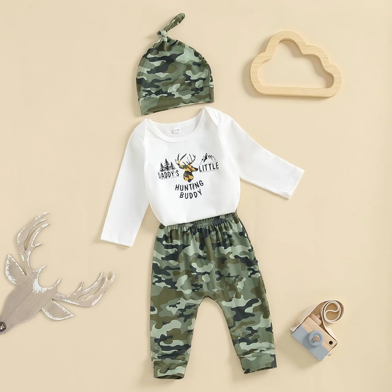 Newborn Baby Boy Hunting Clothes Long Sleeve Romper Camouflage Pant Set Beanie Hat 3 Piece Outfit
