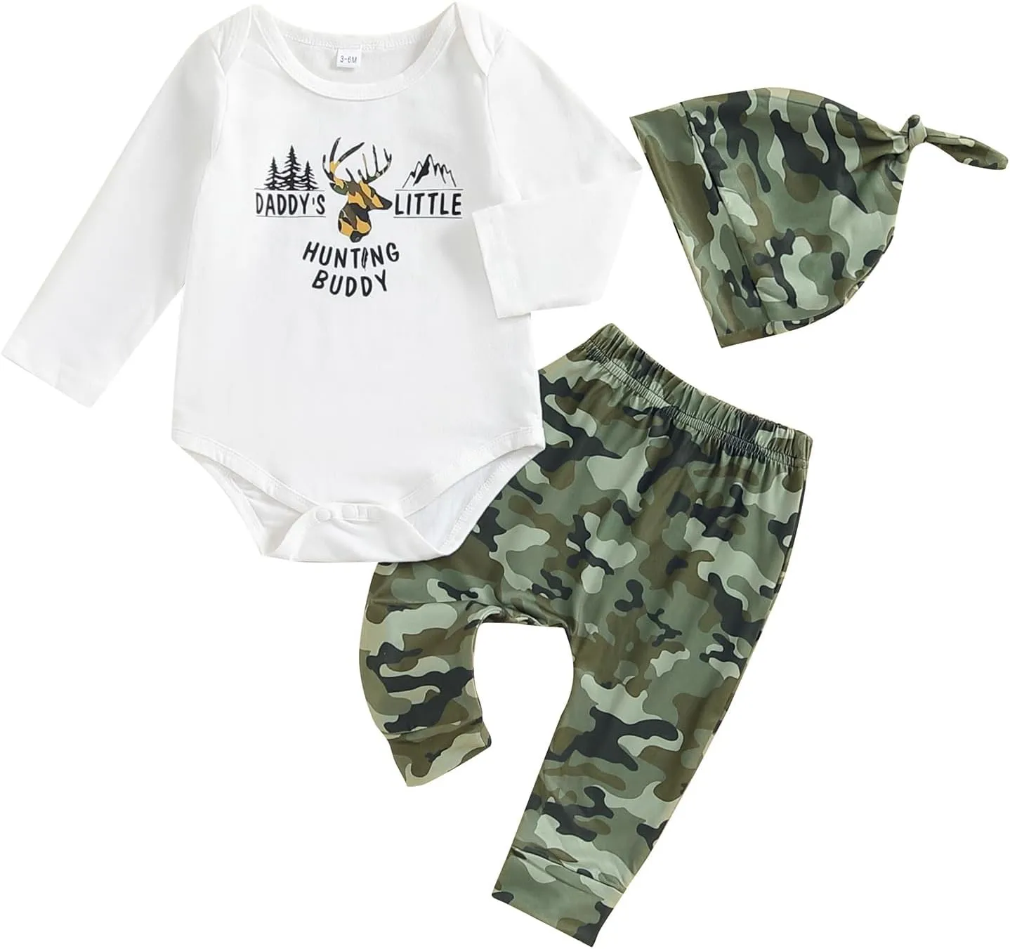 Newborn Baby Boy Hunting Clothes Long Sleeve Romper Camouflage Pant Set Beanie Hat 3 Piece Outfit