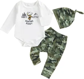 Newborn Baby Boy Hunting Clothes Long Sleeve Romper Camouflage Pant Set Beanie Hat 3 Piece Outfit