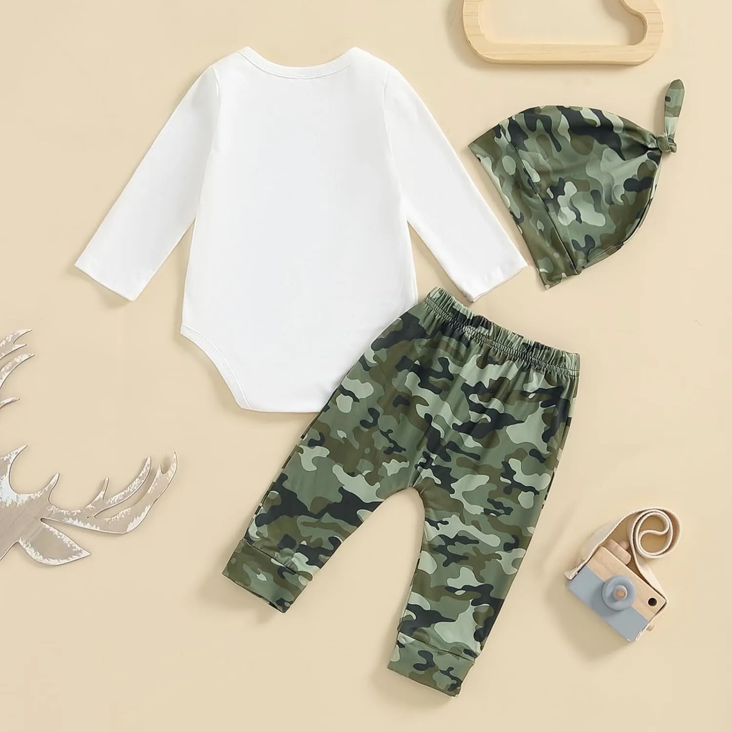 Newborn Baby Boy Hunting Clothes Long Sleeve Romper Camouflage Pant Set Beanie Hat 3 Piece Outfit