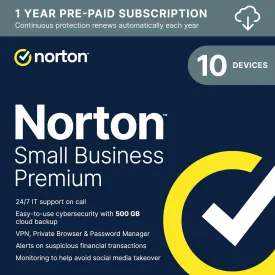 Norton Small Business Premium 2025, Business-Grade Cybersecurity with Antivirus for 10 Devices Plus 24/7 IT Support, 500GB PC Cloud Backup, Fraud Protection [Download]