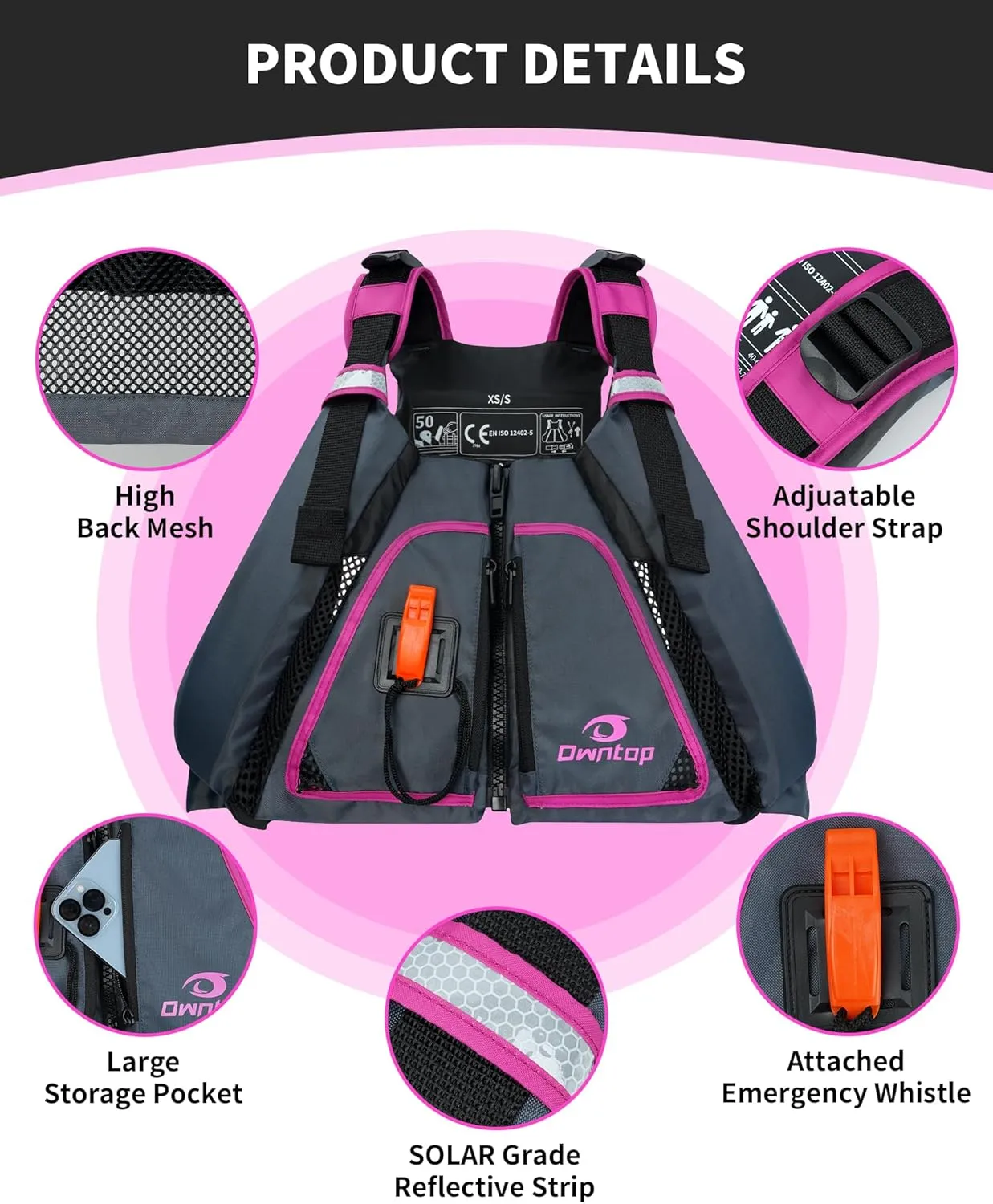 Owntop Adult Swim Vest | Excellent Buoyancy | High Mesh Back | Float Jacket for Kayaking, Boating, Fishing, Paddle Sports