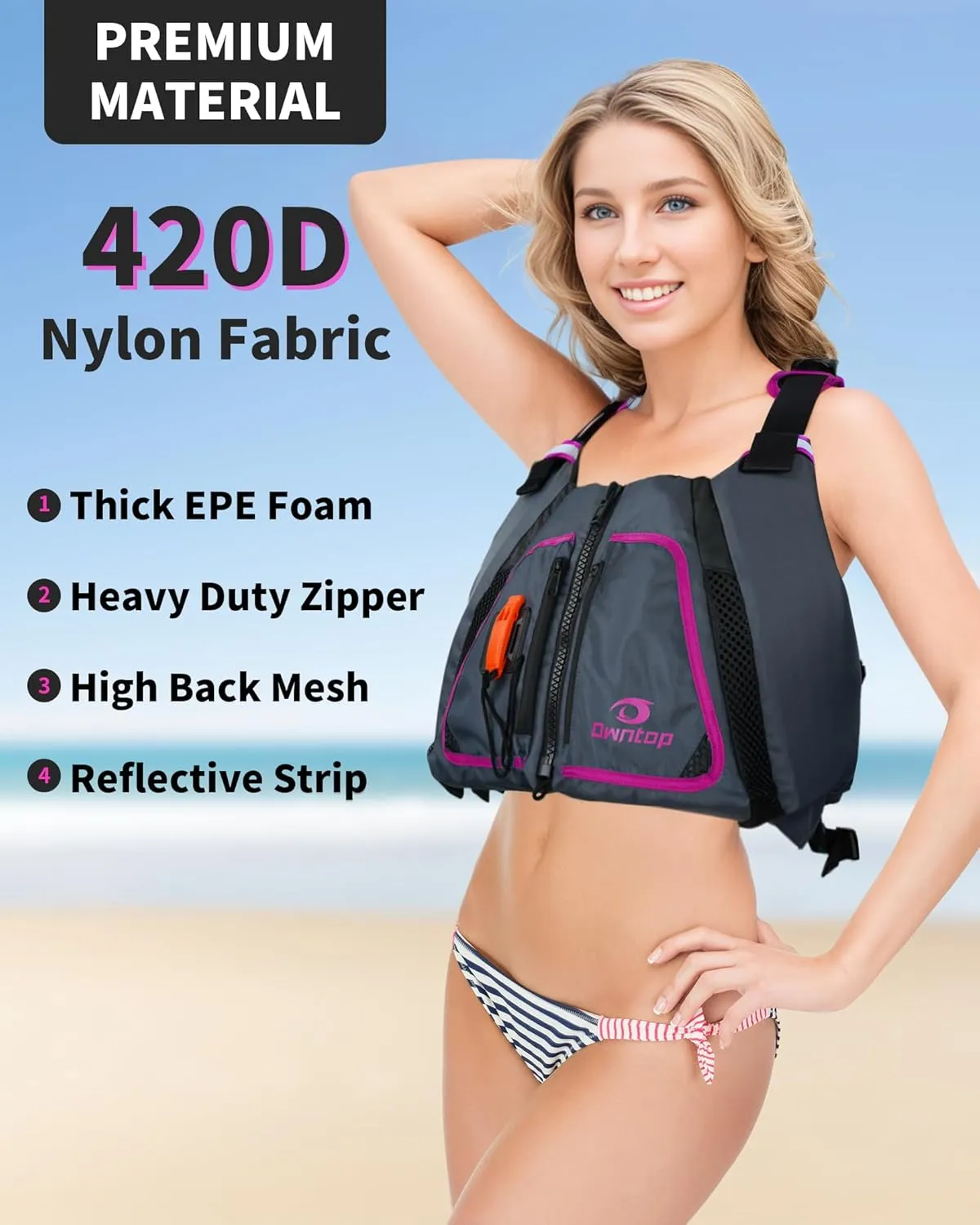 Owntop Adult Swim Vest | Excellent Buoyancy | High Mesh Back | Float Jacket for Kayaking, Boating, Fishing, Paddle Sports