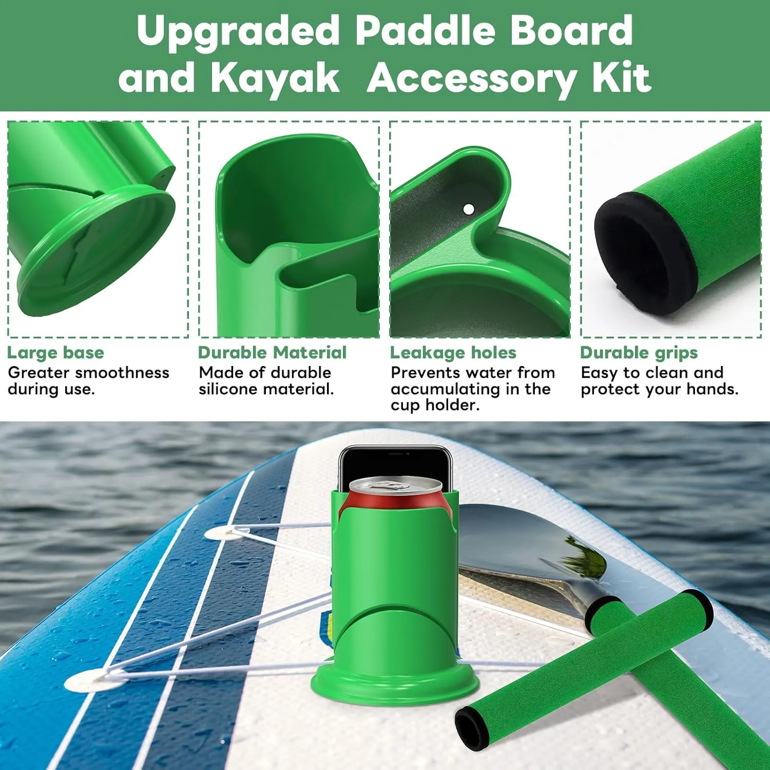 Paddle Board and Kayak Cup Holder, Paddle Grips, Paddle Board and Kayak Accessories Kit (Green)