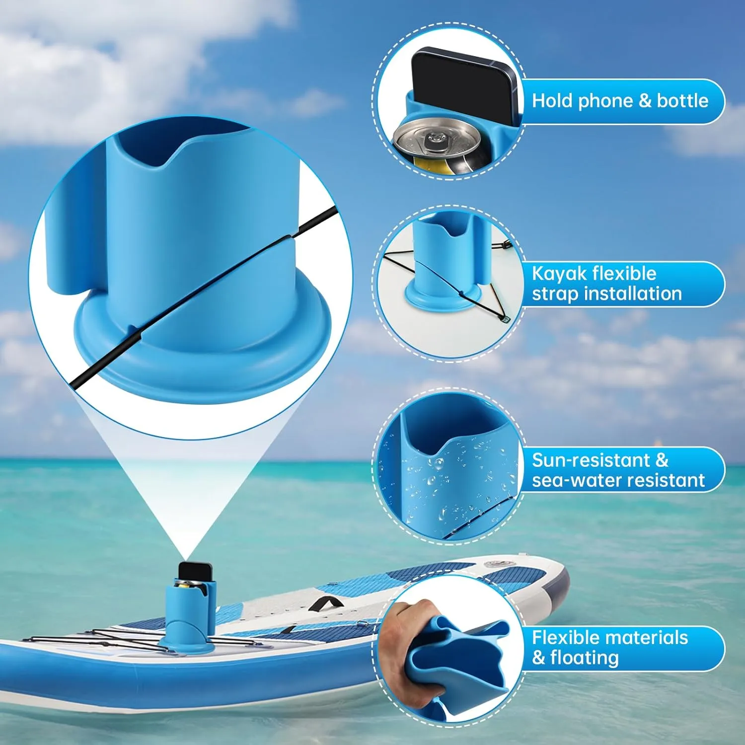 Paddle Board Cup Holder, Kayak Cup Holder 2-in-1 Drink & Phone Holder, Paddleboard and Kayak Accessories for SUP, Kayaking, Fishing, Yoga, or Surfing Adventures(Blue)