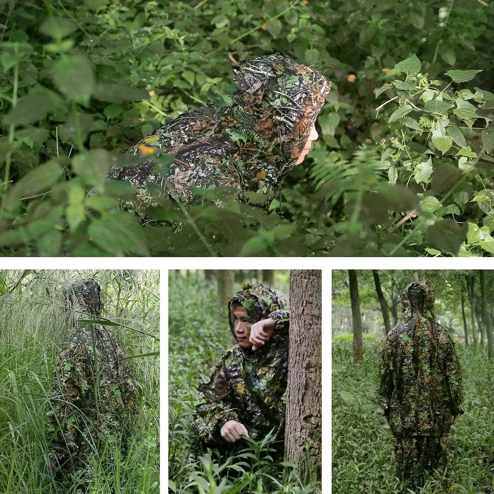 PELLOR Outdoor Camo Ghillie Suits, 3D Leafy Hooded Hunting Airsoft Camouflage Gillies Suits for Kids & Adults