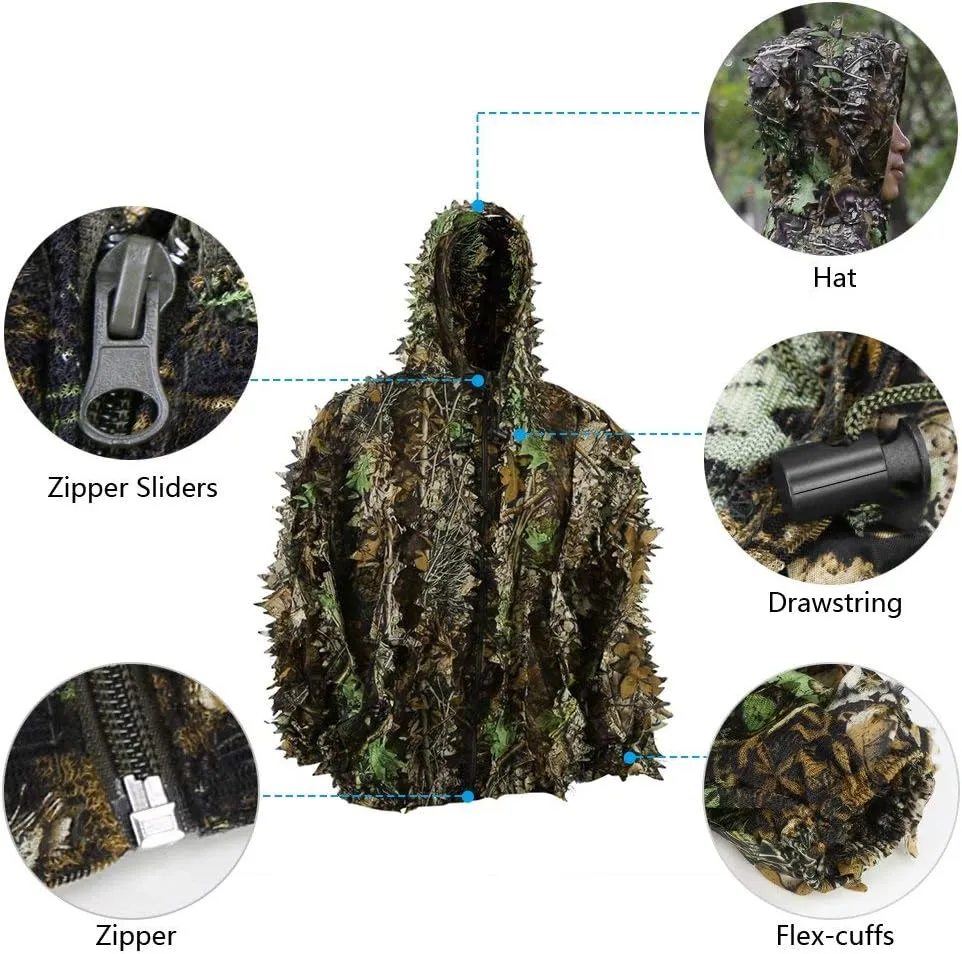 PELLOR Outdoor Camo Ghillie Suits, 3D Leafy Hooded Hunting Airsoft Camouflage Gillies Suits for Kids & Adults