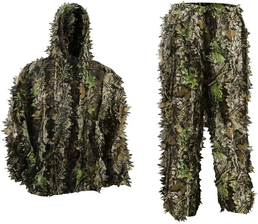 PELLOR Outdoor Camo Ghillie Suits, 3D Leafy Hooded Hunting Airsoft Camouflage Gillies Suits for Kids & Adults
