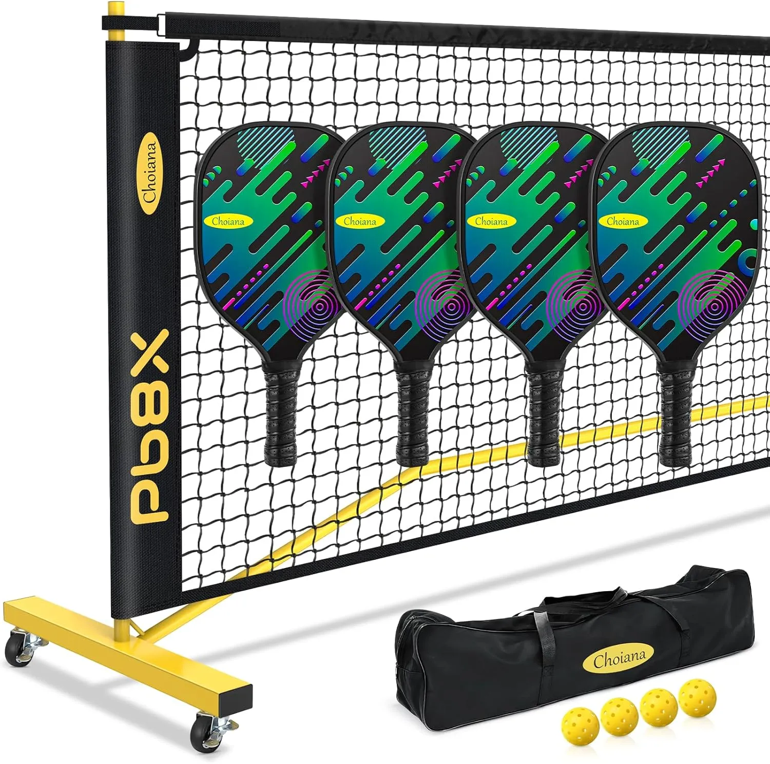 Pickleball Net Set, Portable Pickleball Set w/Wheels, 11ft & 22ft Regulation Size Pickel Ball Net, Set of 4 Balls and Paddles, Heavy Duty Frame for Backyard Driveway Outdoor
