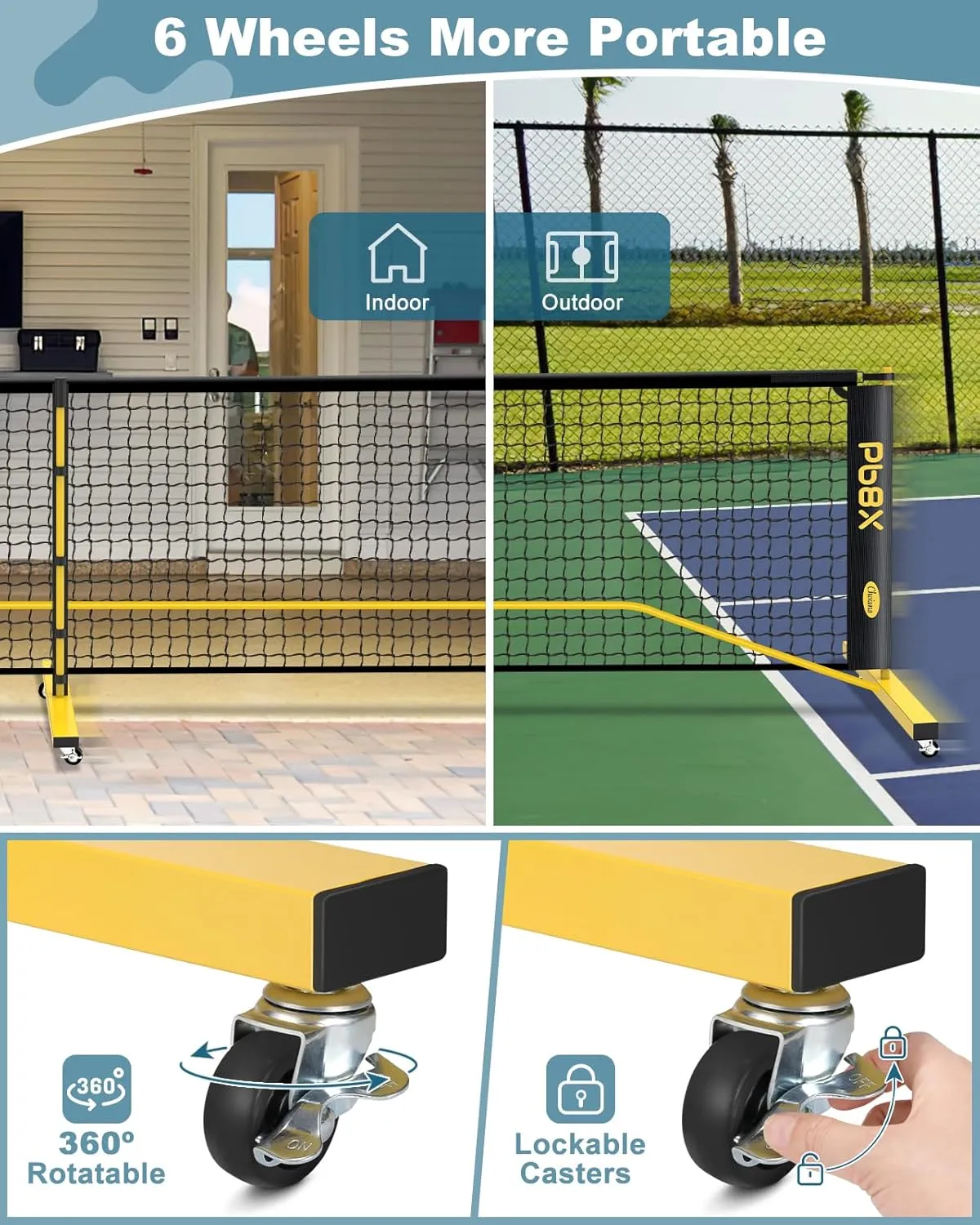 Pickleball Net Set, Portable Pickleball Set w/Wheels, 11ft & 22ft Regulation Size Pickel Ball Net, Set of 4 Balls and Paddles, Heavy Duty Frame for Backyard Driveway Outdoor