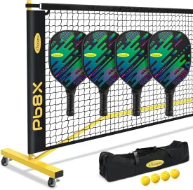 Pickleball Net Set, Portable Pickleball Set w/Wheels, 11ft & 22ft Regulation Size Pickel Ball Net, Set of 4 Balls and Paddles, Heavy Duty Frame for Backyard Driveway Outdoor