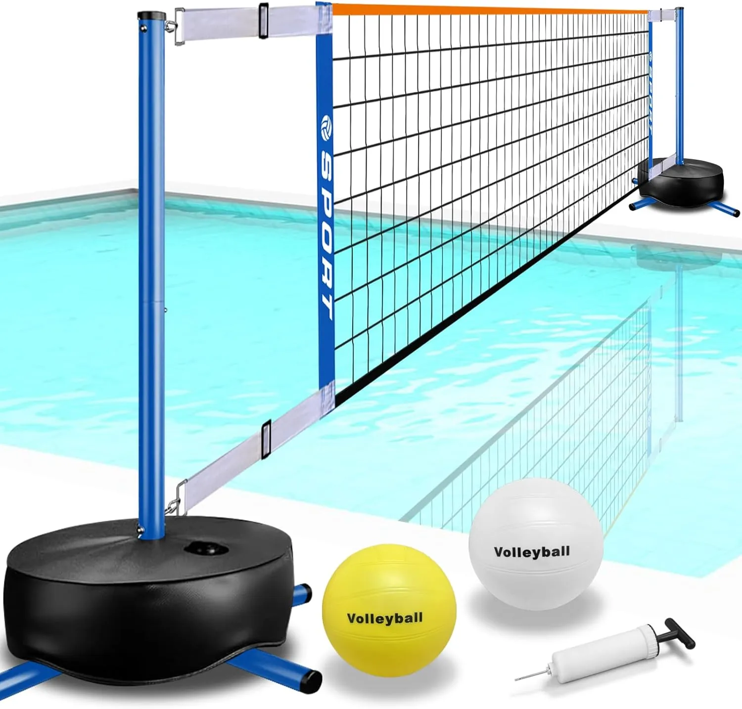 Pool Volleyball Net - Portable Indoor/Outdoor Swimming Pool Volleyball Net System with 2 Water Volleyballs and Heavy Duty Base.Adjustable Length 15-25FT for Pickleball Net and Tennis Net