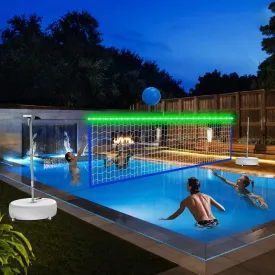 Pool Volleyball Net Set with LED Lights, Solar Powered Volleyball Net with Adjustable 15ft-32ft Length for Inground Pools, Portable Water Volleyball Game Toy with 2 Balls & Pump for Pool Entertainment