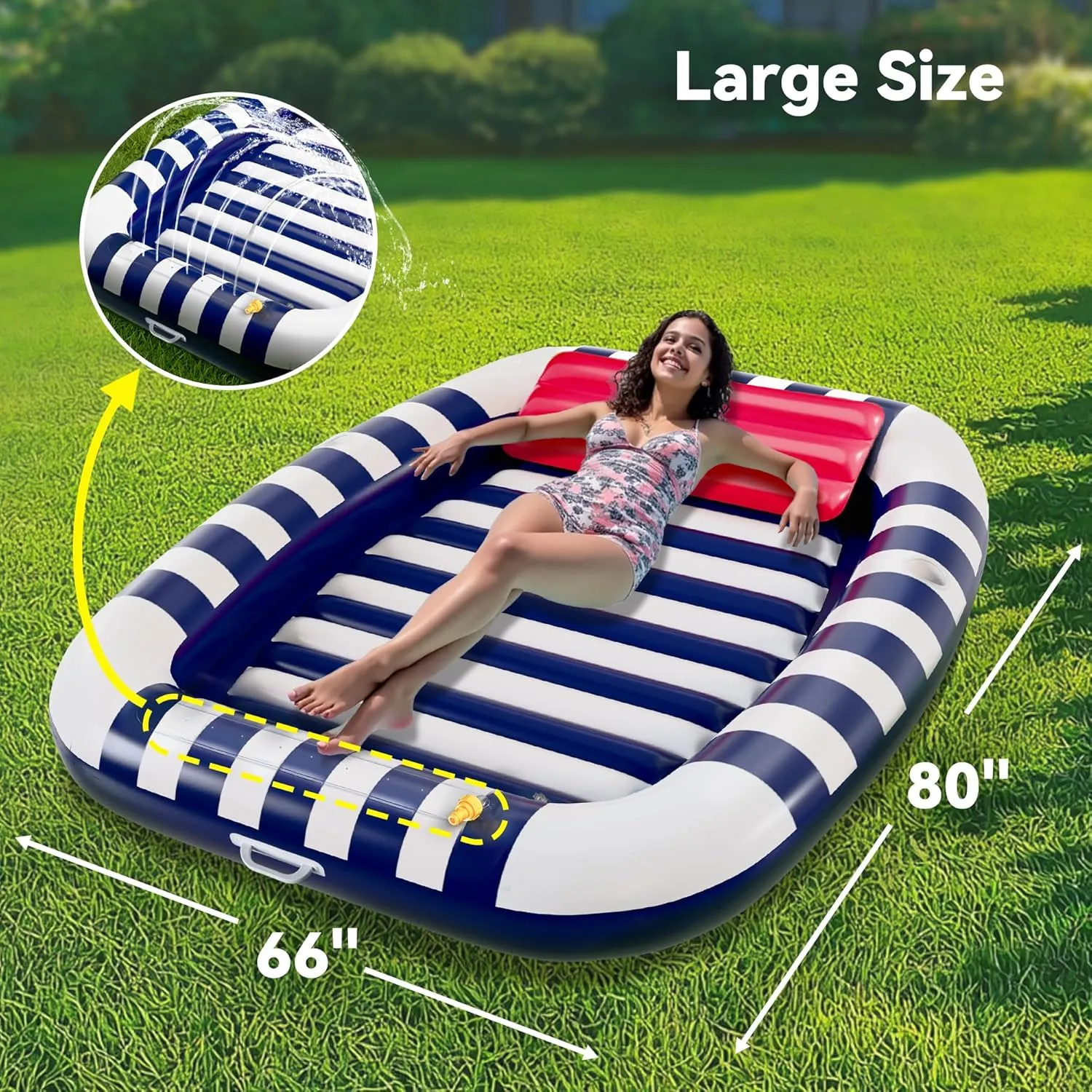 Pool Wave Inflatable Pool Lounger Floats, 80" x 66" Large Tanning Bed for Adult Kids, Outdoor Sun Bathing Floating Blow up Raft W/Pillow, Spray Water Mat, Summer Beach Lake Family Party Gift - Blue