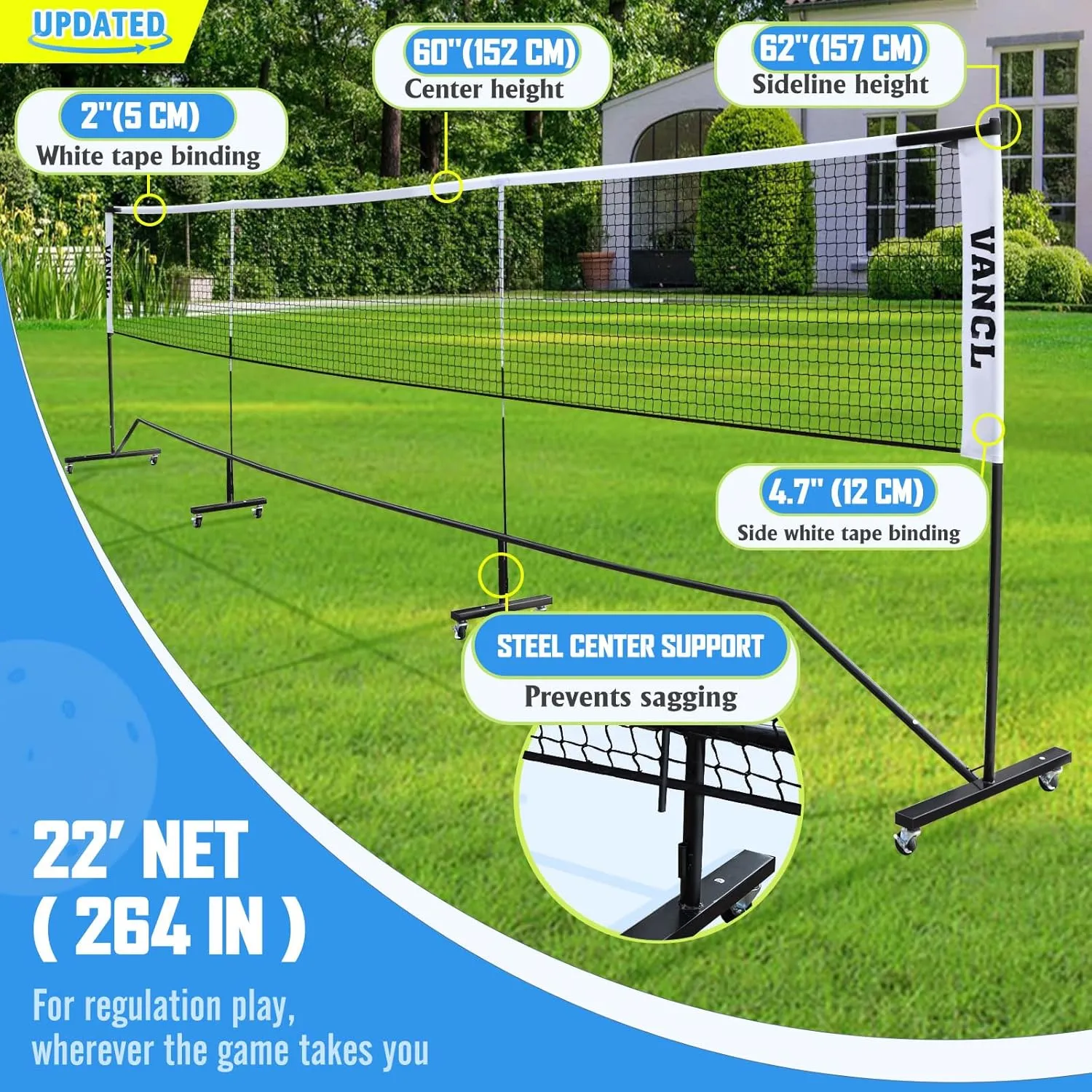 Pro Pickleball Net Portable with Wheels  22ft Heavy Duty Pickleball Net System with Sturdy Aluminum Frame for Outdoor & Indoor  Nylon Net & Carrying Bag for Pickleball, Tennis, Badminton