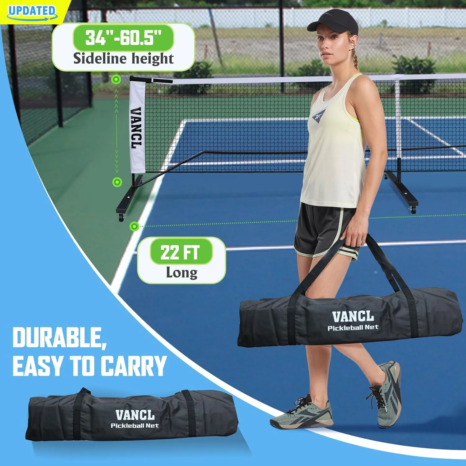 Pro Pickleball Net Portable with Wheels  22ft Heavy Duty Pickleball Net System with Sturdy Aluminum Frame for Outdoor & Indoor  Nylon Net & Carrying Bag for Pickleball, Tennis, Badminton