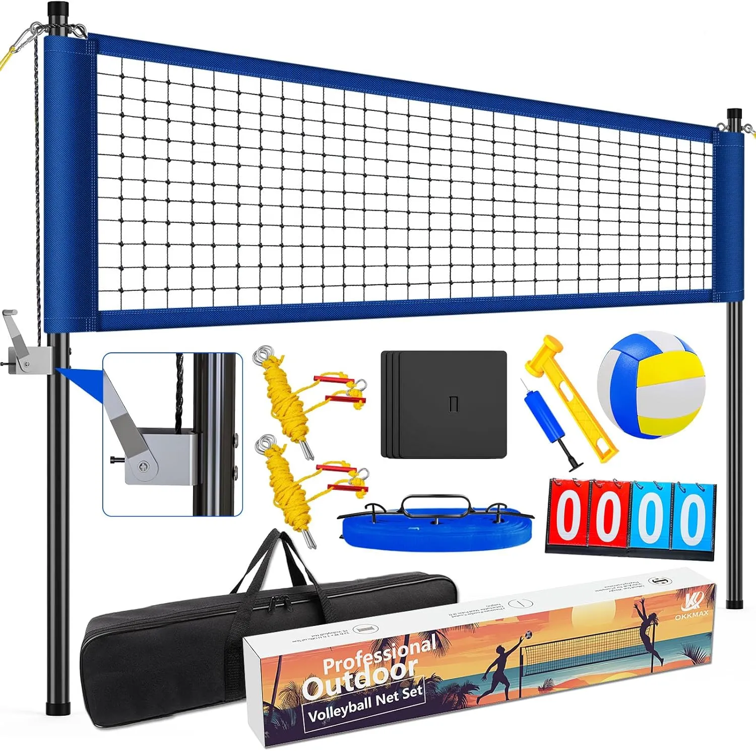 Professional Outdoor Volleyball Net Set with Adjustable Poles & Anti-Sag Design, Portable Volleyball Net Includes Beach Fixed Plate, Scoreboard, Boundary Line and Carry Bag for Backyard Beach Grass