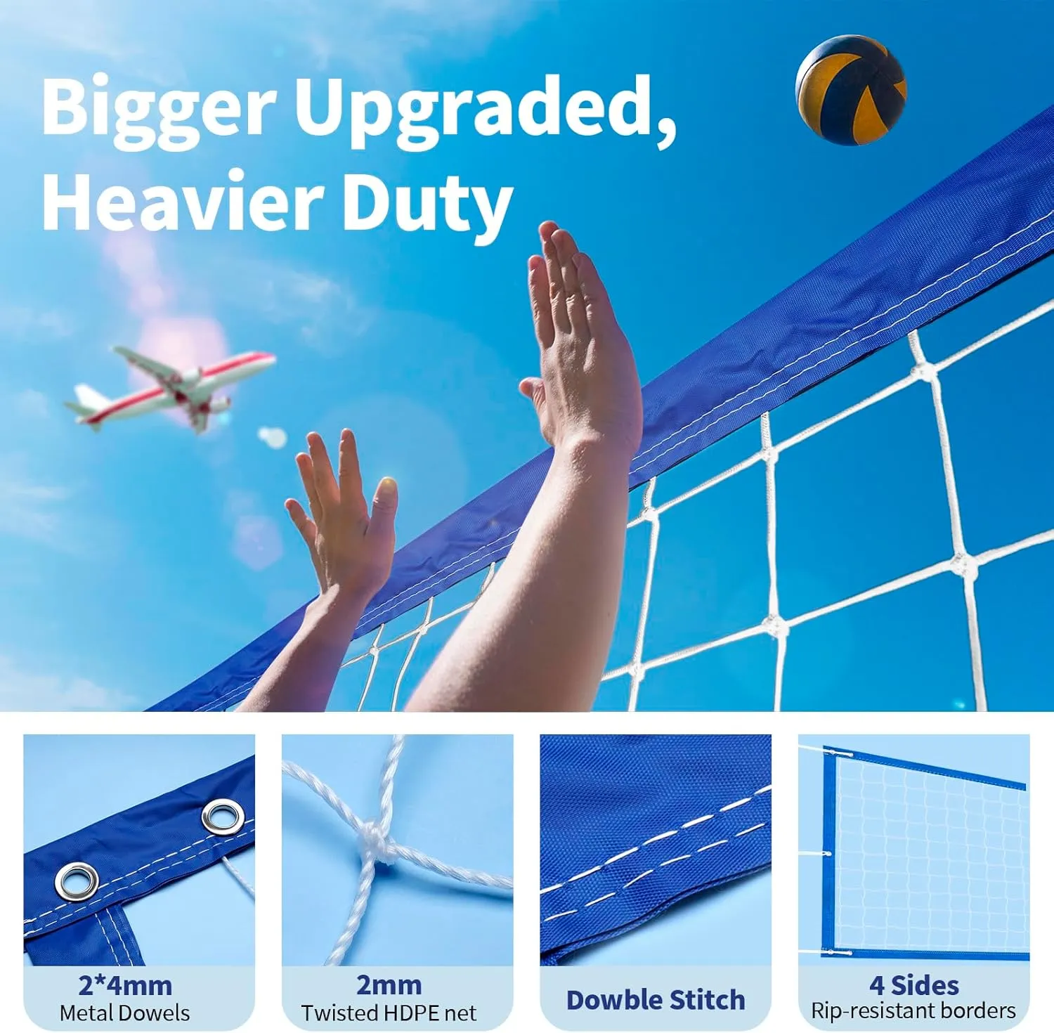 Professional Volleyball Net Outdoor Heavy Duty, All Weather Enhanced, Extended Stainless Steel Cable, Extra Thick Borders, for Backyard Beach Pool Indoor Outdoor- Regulation 32x3FT (Net Only)