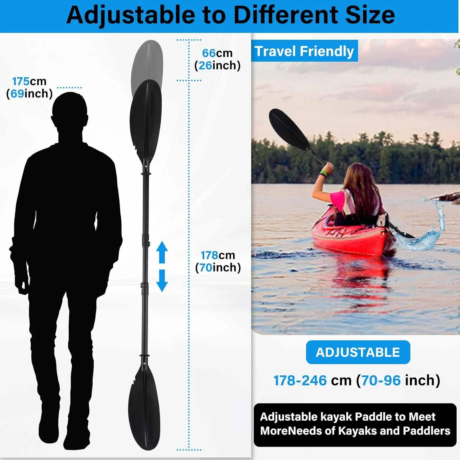 Quynhni- Standard Kayak Paddle,Kayak Paddle Sturdy Iron Shaft and Durable Polypropylene Blade 0/65 Blade Angle with drip Loop.