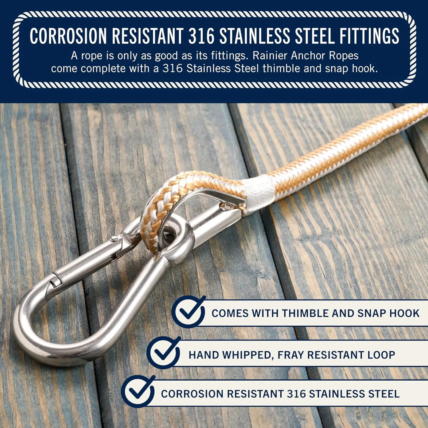 RainierSupplyCo Boat Anchor Rope - Double Braided Marine Rope Anchor Line - 100/150 / 200/300 ft Nylon Boating Line with 316 Stainless Steel Thimble and Heavy Duty Marine Grade Snap Hook