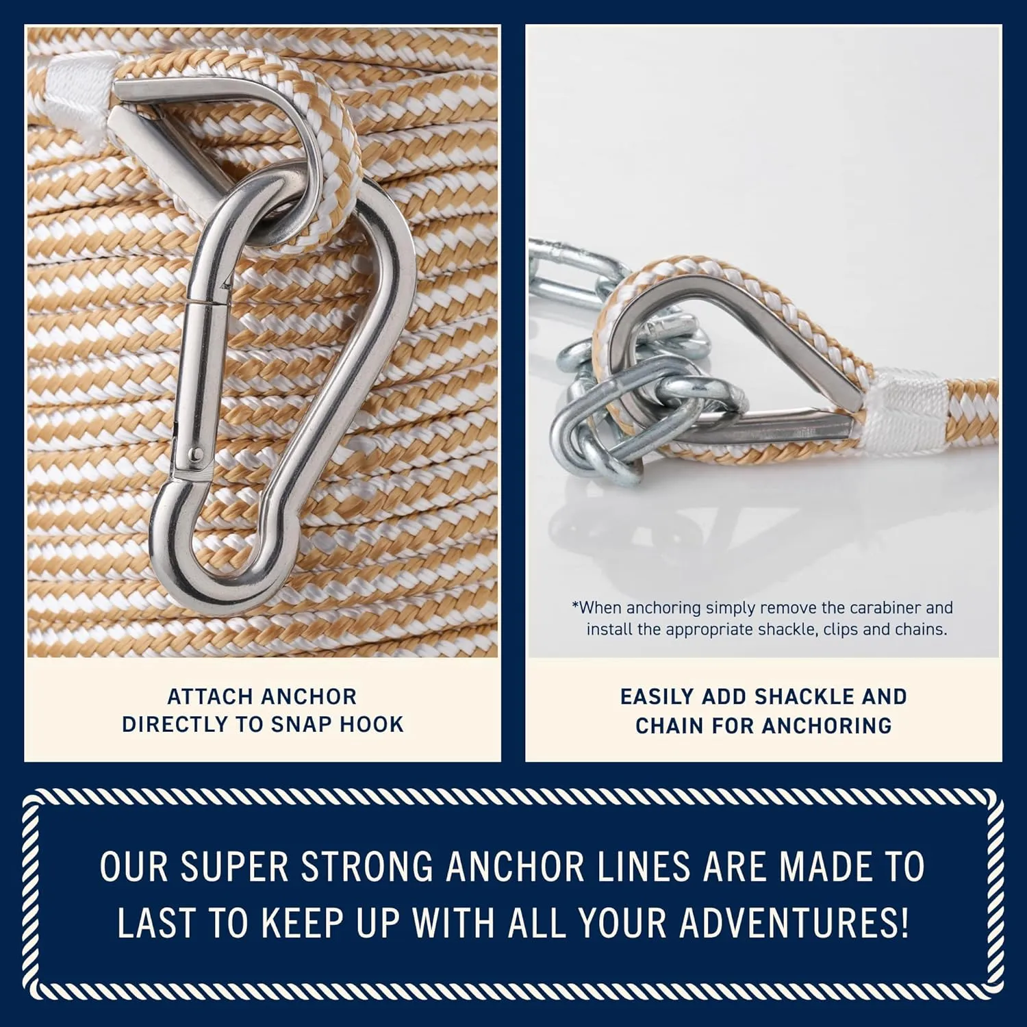 RainierSupplyCo Boat Anchor Rope - Double Braided Marine Rope Anchor Line - 100/150 / 200/300 ft Nylon Boating Line with 316 Stainless Steel Thimble and Heavy Duty Marine Grade Snap Hook