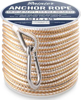 RainierSupplyCo Boat Anchor Rope - Double Braided Marine Rope Anchor Line - 100/150 / 200/300 ft Nylon Boating Line with 316 Stainless Steel Thimble and Heavy Duty Marine Grade Snap Hook