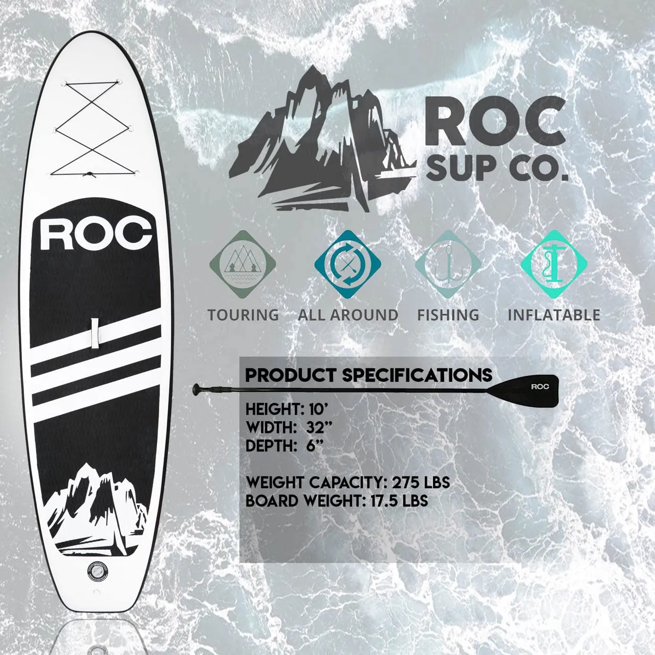 Roc Inflatable Stand Up Paddle Boards with Premium SUP Paddle Board Accessories, Wide Stable Design, Non-Slip Comfort Deck for Youth & Adults (Black)