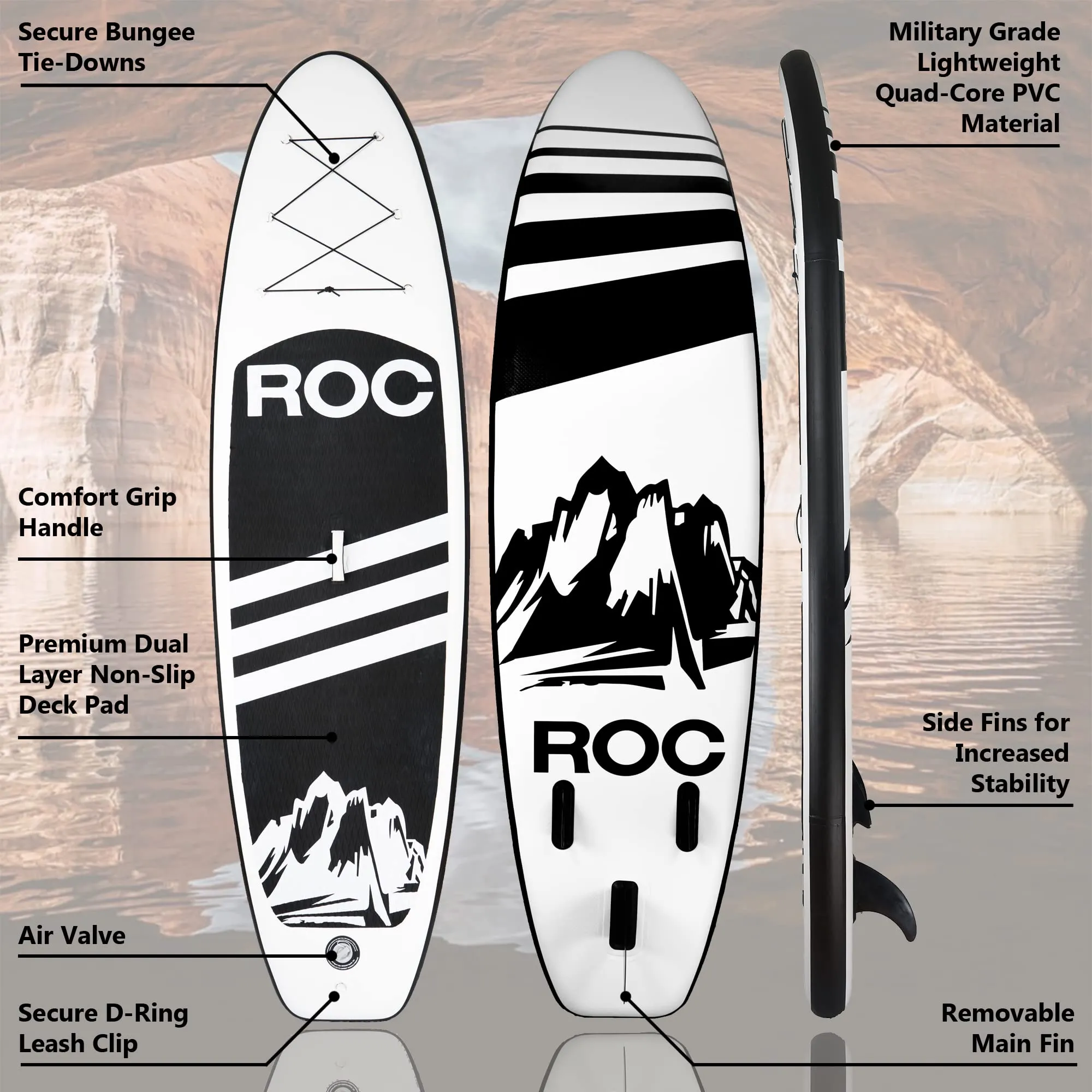 Roc Inflatable Stand Up Paddle Boards with Premium SUP Paddle Board Accessories, Wide Stable Design, Non-Slip Comfort Deck for Youth & Adults (Black)