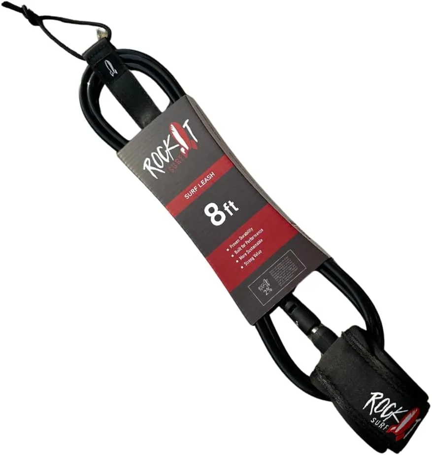 Rock It Surf Premium Surfboard Leash, 6ft & 8ft Surf Board Leashes, 7mm Legrope Strap for Shortboard, Longboard or SUP Made with Recycled Materials, Extra Strength Velcro & Stainless Swivels